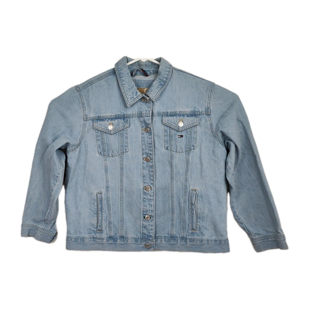 Vintage Tommy Hilfiger Jacket Men's Size L Lt. Blue Denim Big Flag Button-Up - Picture 2 of 13